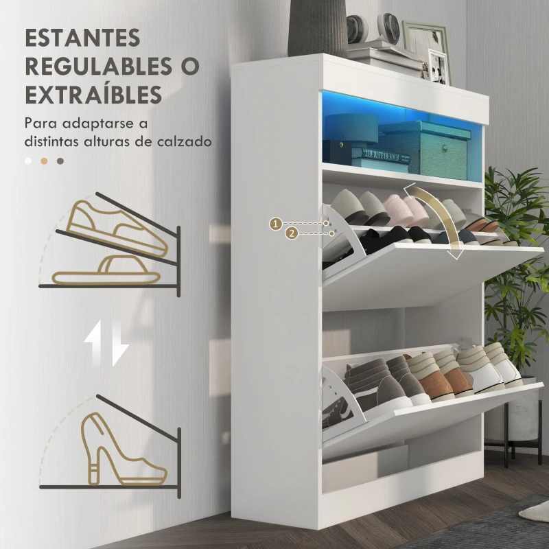 HOMCOM Armario Zapatero con Luces LED y 2 Cajones Abatibles para 12-16 Pares de Zapatos 80x24x99,5 cm Blanco Brillante(m-6)