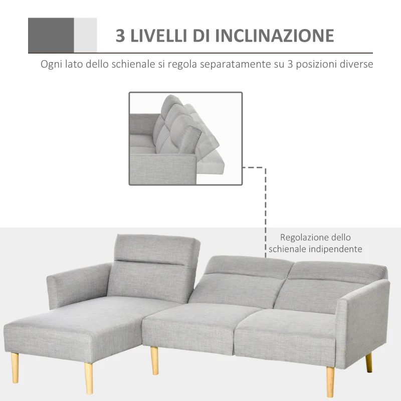 HOMCOM Divano Letto 3 Posti, Divano Angolare in Tessuto Grigio con Schienale Regolabile, Stile Scandinavo, 207x146x80cm