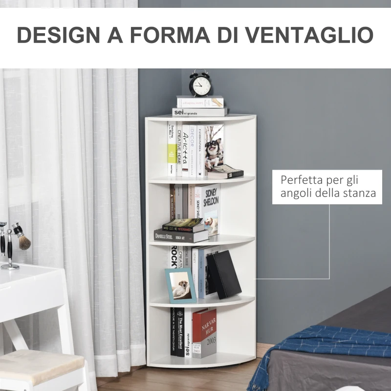HOMCOM Libreria ad Angolo 4 Ripiani a Muro e Parete Legno 39.5x39.5x120cm Bianco