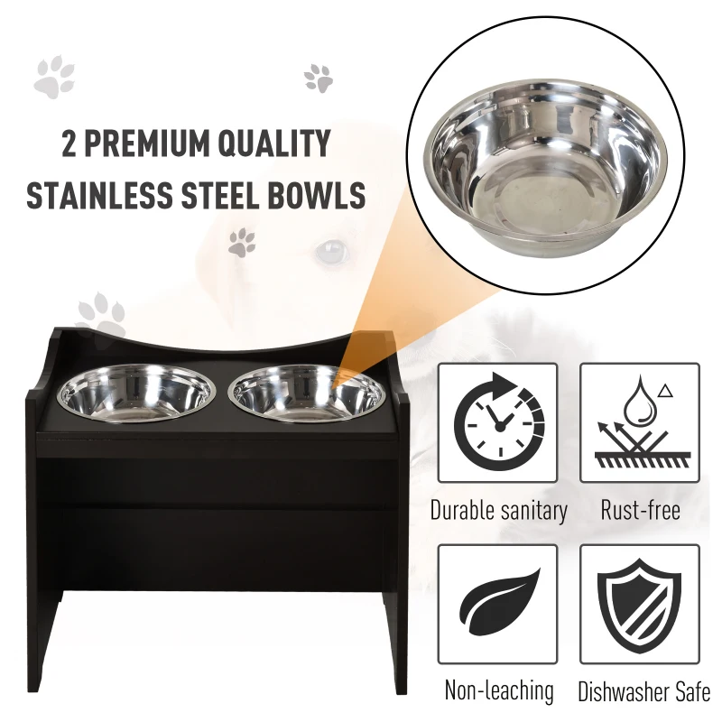 PawHut Raised Dog Bowls Adjustable Elevated Pet Feeder 2 Stainless Steel Dog Cat Bowls MDF Frame Handles, for Large Dogs, Brown