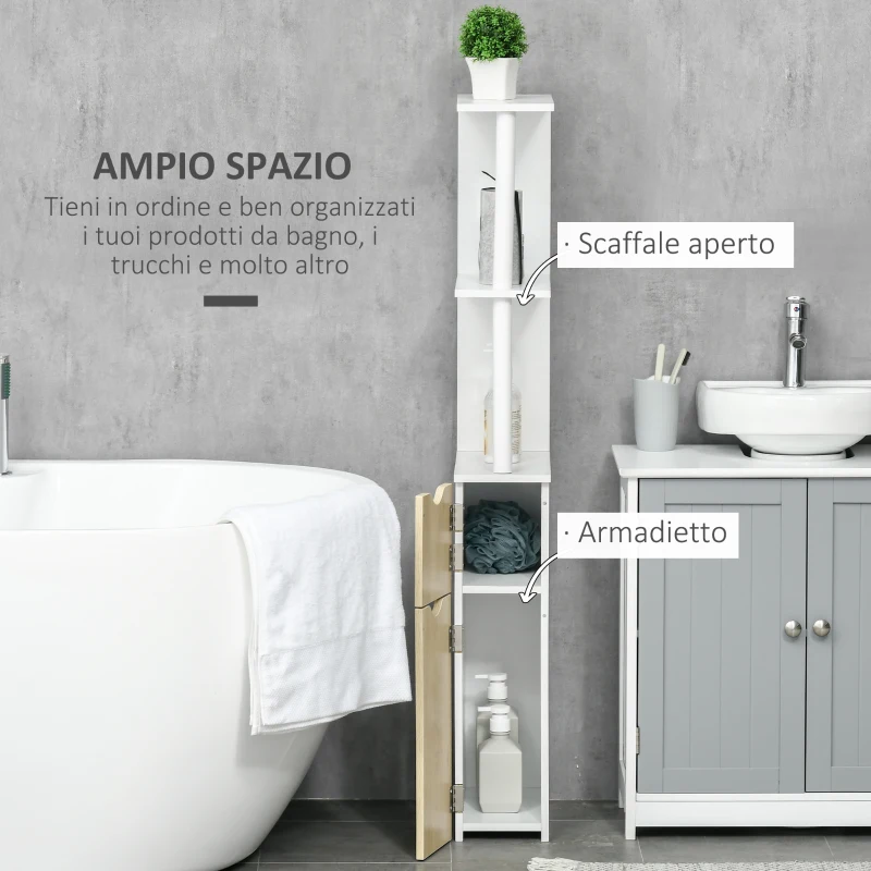 kleankin Colonna Bagno con 2 Ripiani e 2 Armadietti, Mobile Alto Salvaspazio 15.2x29.8x118 cm, Bianco e color Legno