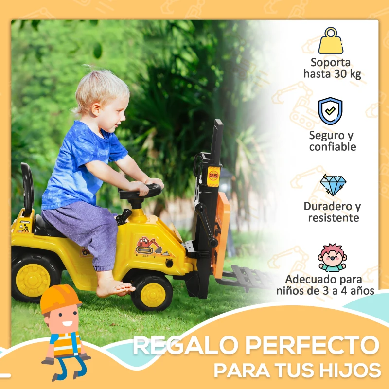 HOMCOM Carretilla Elevadora de Juguete sin Pedales para Niños de +3 Años con Brazo Móvil Bocina 86x27,5x47,5 cm Amarillo