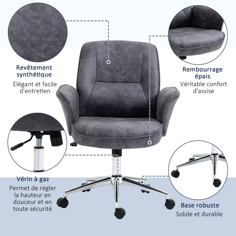 Vinsetto Fauteuil de bureau chaise d'ordinateur ergonomique hauteur réglable microfibre respirante pivotant à 360° 67 x 69 x 92-102 cm gris foncé
