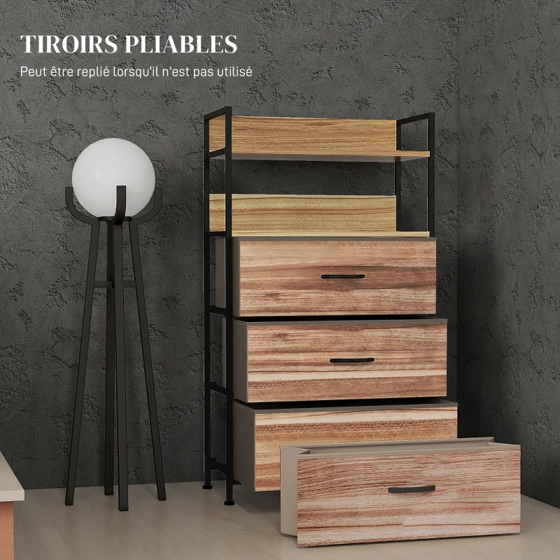 HOMCOM Meuble de rangement style industriel commode 3 tiroirs en tissu amovibles et 2 étagères - 60 x 29 x 101cm - MDF et métal