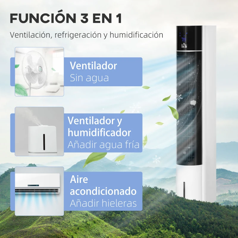 HOMCOM Enfriador de Aire Bajo Consumo 3 en1 Oscilante Humificador con 3L Control Remoto Pantalla LED 3 Velocidades 3 Modos y Temporizador 12h Climatizador Evaporativo Torre 33x26x105 cm Blanco