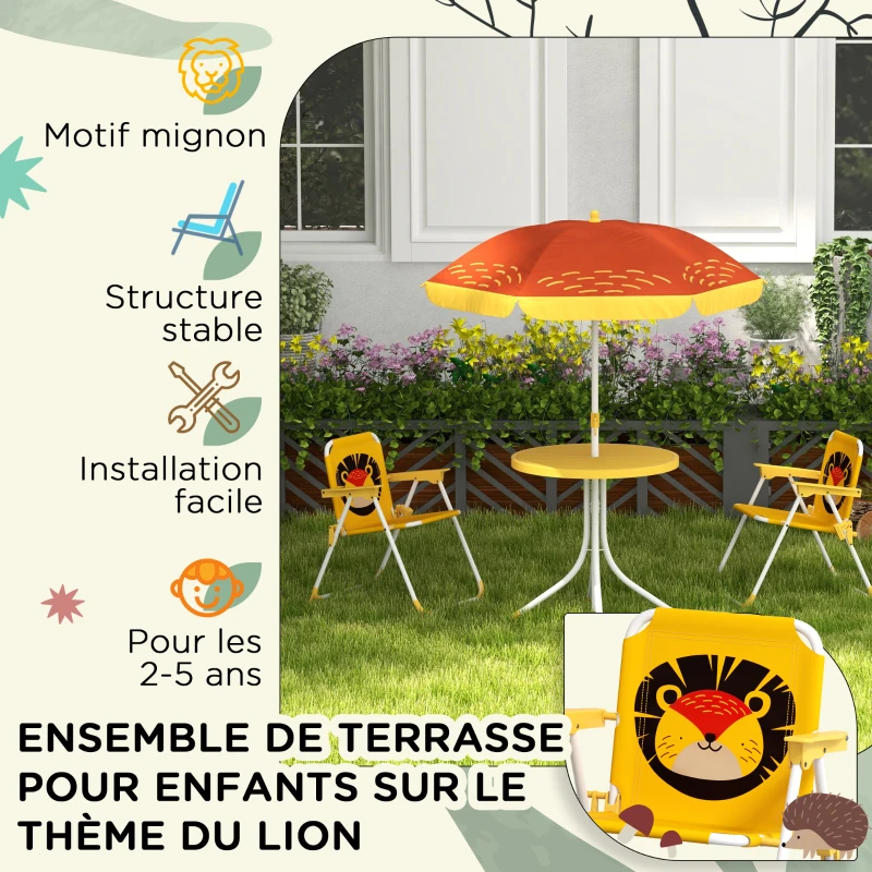 Outsunny Ensemble salon de jardin enfant 4 pièces motif du lion avec parasol réglable Ø 100 cm chaise pliable jaune