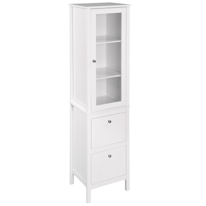 kleankin Armario Alto para Baño Mueble Columna de Baño con Puerta de Cristal Estantes Ajustables y 2 Cajones 43x35x160 cm Blanco