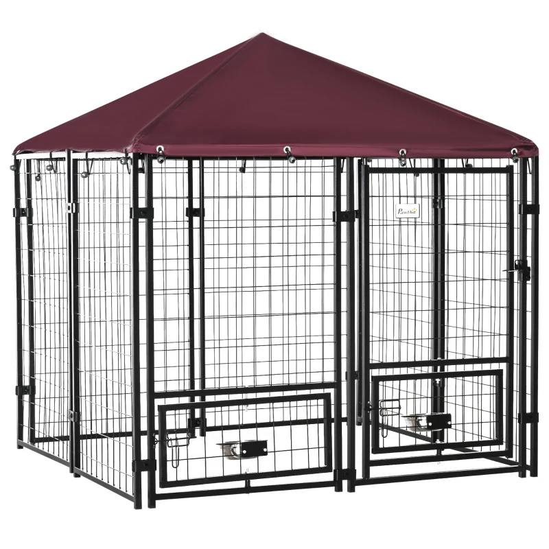 PawHut Chenil extérieur pour chiens tissu oxford avec 2 supports de bol rotatifs 8 panneaux toit imperméable 141 x 141 x 153 cm