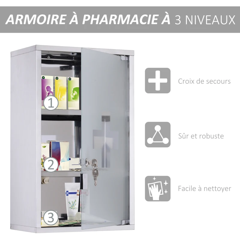 HOMCOM Armoire à pharmacie murale à 3 niveaux en acier inoxydable avec porte verrouillable en verre avec 2 clés
