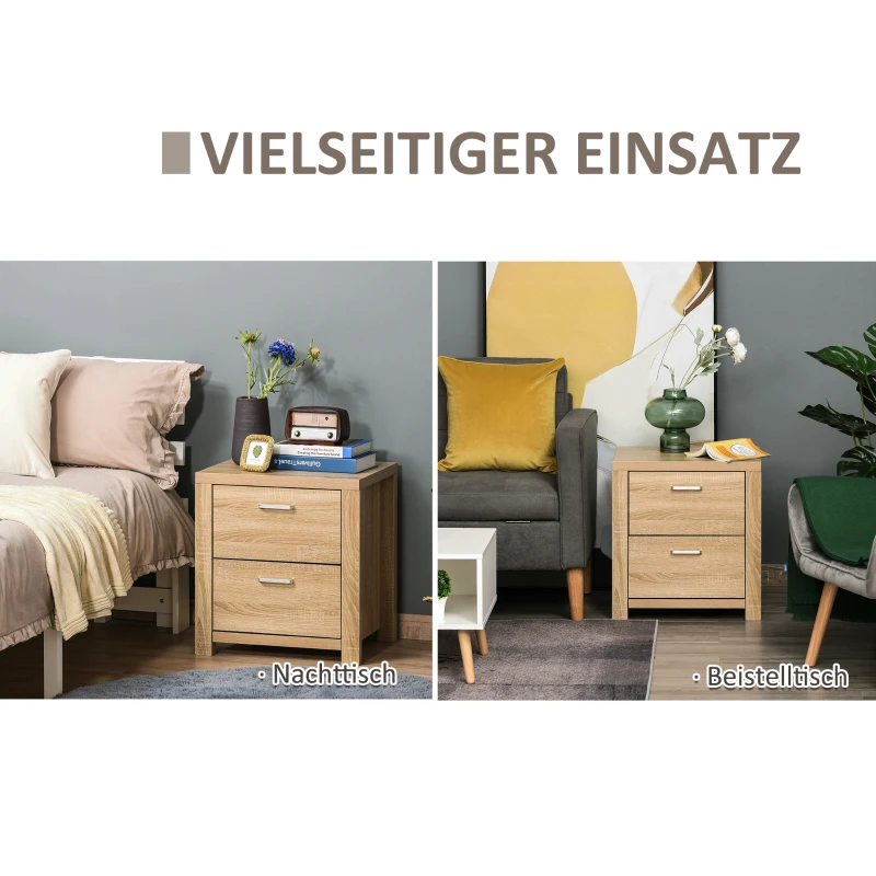 HOMCOM Nachttisch mit 2 Schubladen Nachtschrank mit Kippschutz moderner Nachtkommode Natur 48 x 39 x 52 cm