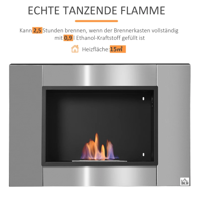 HOMCOM Ethanol-Kamin Bio-Ethanol-Brenner 0,9 L 3 Stdn. Brenndauer kein Rauch Edelstahl 80 x 14 x 54 cm