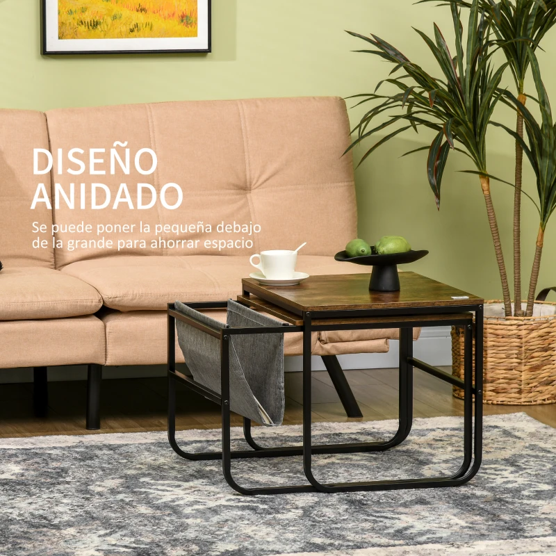 HOMCOM Conjunto de 2 Mesas Auxiliares Anidadas con Bolsa de Almacenaje 45,5x50x46 cm y 63x45x42,5 cm Marrón Rústico