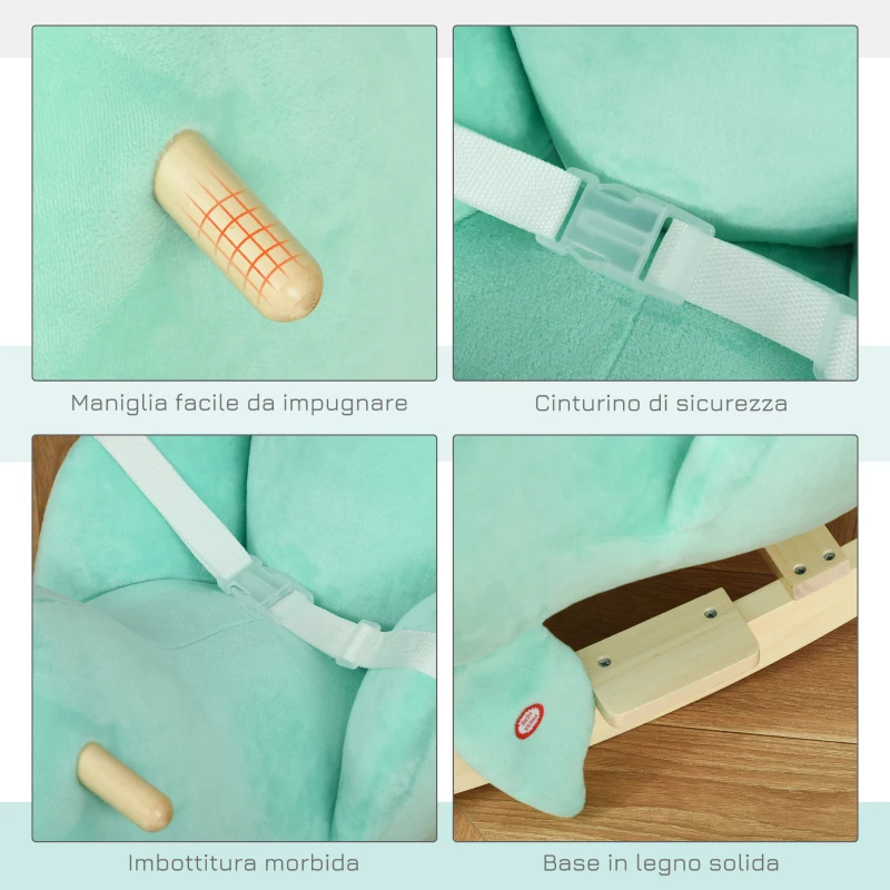 HOMCOM Cavallo a Dondolo Balena in Peluche Imbottita con Suoni, Cintura di sicurezza e Base in Legno, 60x33x50cm, Verde