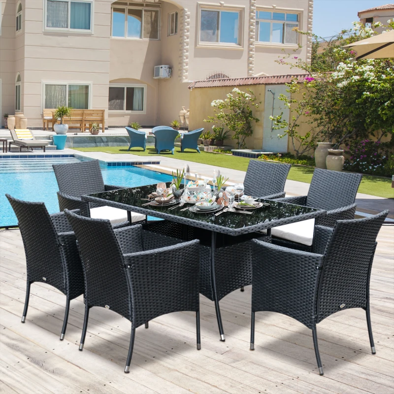 Outsunny 6 Seater Rattan Dining Set with Cushions, Rattan Garden Furniture Set with 6 Armchairs, Rectangular Glass Top Table, Outdoor Dining Table and Chairs, Black