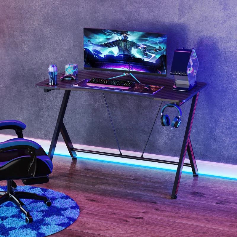 HOMCOM Mesa Gaming 120x60x75 cm Escritorio Ergonómico Gaming Desk para Ordenador PC con Portavasos Gancho para Auriculares y Orificio de Pasacables Efecto de Fibra de Carbono Negro
