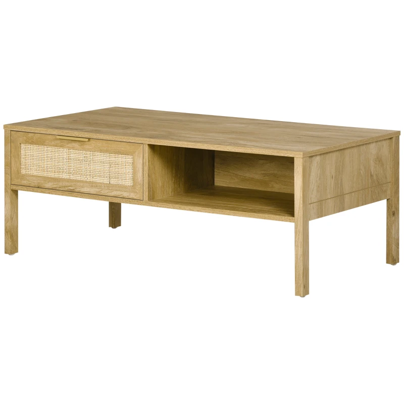 HOMCOM Table basse rectangulaire table de salon avec multi-rangements niche et tiroir portes effet cannage rotin tissé