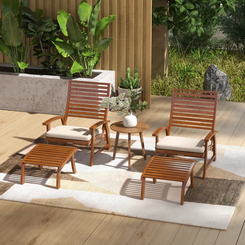 Outsunny Fauteuils de jardin - chaises relax avec repose-pieds lot de 2 - ensemble de 4 pièces bois d'acacia avec coussins crème