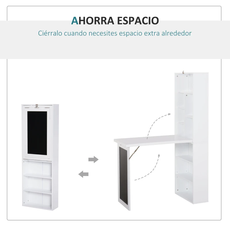 HOMCOM Escritorio Plegable con Estantería Mesa de Oficina con Pizarra y Múltiples Estantes Convertible con Baldas Ajustables 98x51x153 cm Blanco
