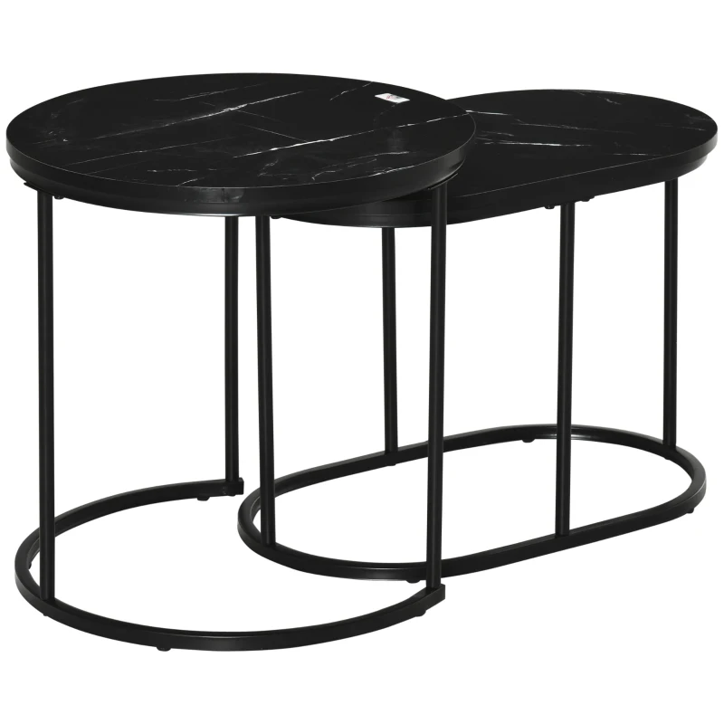HOMCOM 2er-Set Couchtisch, Ovaler und runder Kaffeetisch, stapelbar, Marmoroptik, MDF, Metall, Ø50 x 50,5H cm, Schwarz