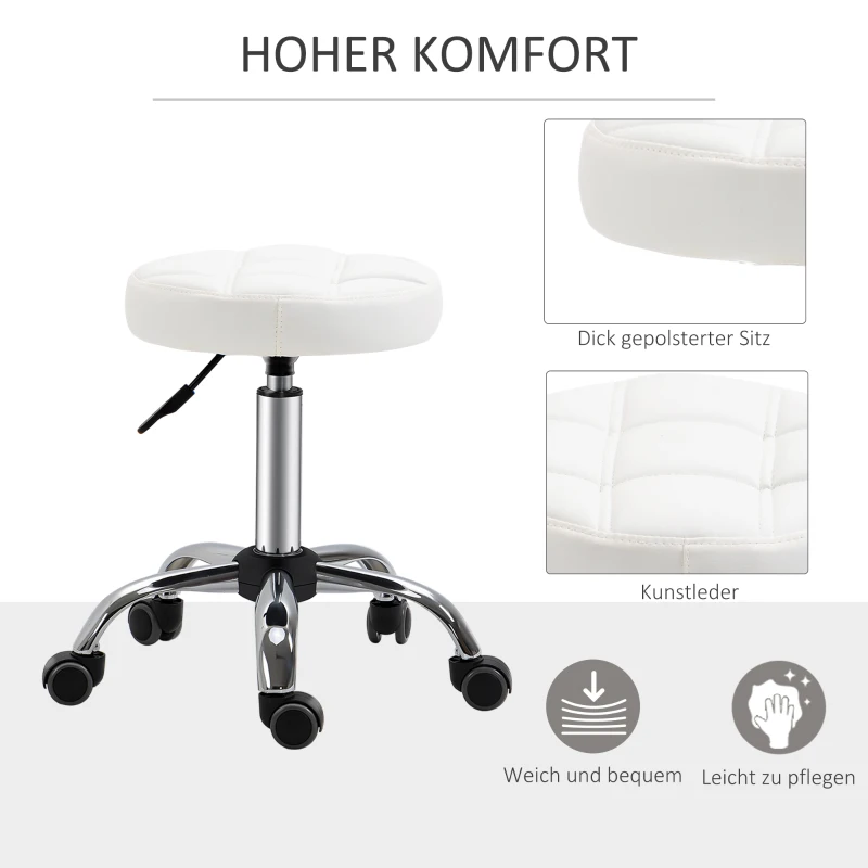 HOMCOM 2er-Set Rollhocker höhenverstellbar, Drehhocker 48-63 cm, Arbeitshocker 360° drehbar, Bürohocker für Büro, Salon, Massage, Spa, Weiß