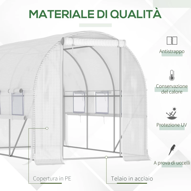 Outsunny Serra per Orto 3x2x2m in Acciaio e Copertura PE, Porte con Zip e Finestre a Rete, Bianca