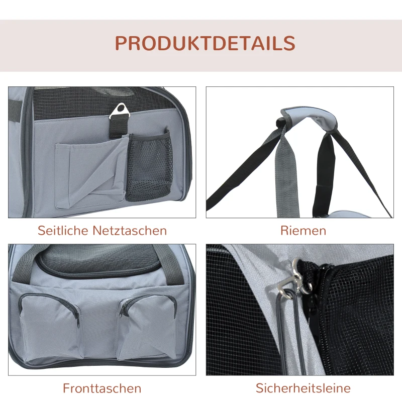 PawHut Hundebox faltbar Hundetransportbox mit Seitentasche, Meshfenster, Hundetasche für Zuhause, Auto, Outdoor Transporttasche für Miniaturhunde bis 4 kg, Oxford, Grau