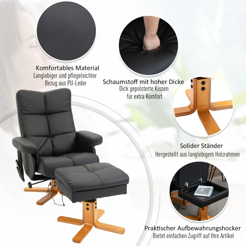 HOMCOM Massagesessel mit Hocker, 145° Neigbarer Relaxsessel mit Massagefunktion Liegefunktion Stauraum, TV-Sessel Fernsehsessel für Wohnzimmer, Kunstleder, 80 x 86 x 99 cm Schwarz