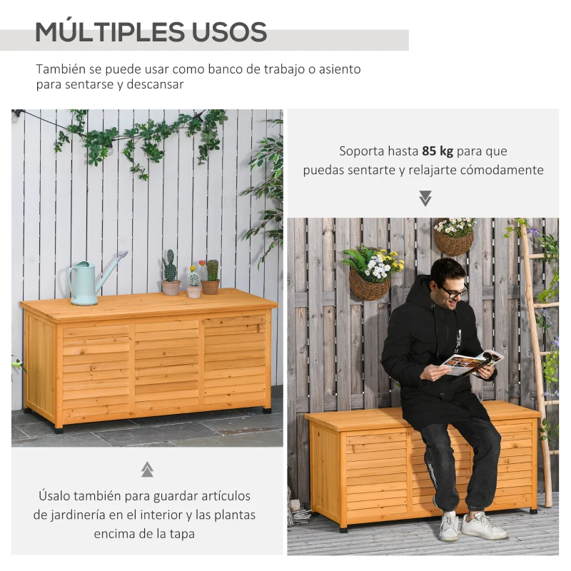 Outsunny Baúl de Madera Exterior Caja de Almacenamiento de Jardín con Tapa Abrible y Diseño Persiana 127x56x60 cm Natural(m-8)