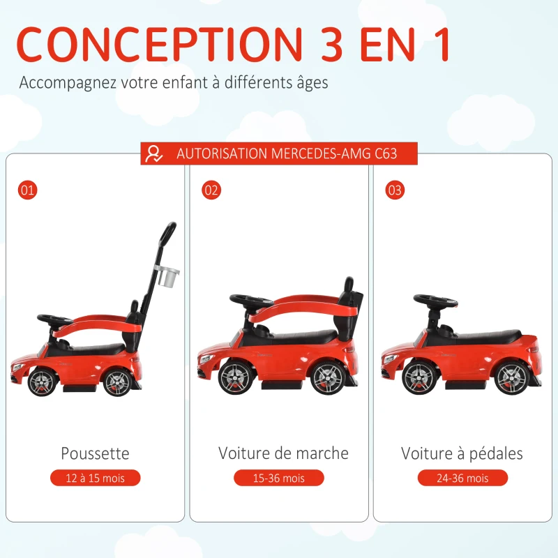 HOMCOM Porteur enfants voiture enfant multi-équipée 12-36 mois coffre klaxon effet musical porte gobelet polypropylène rouge