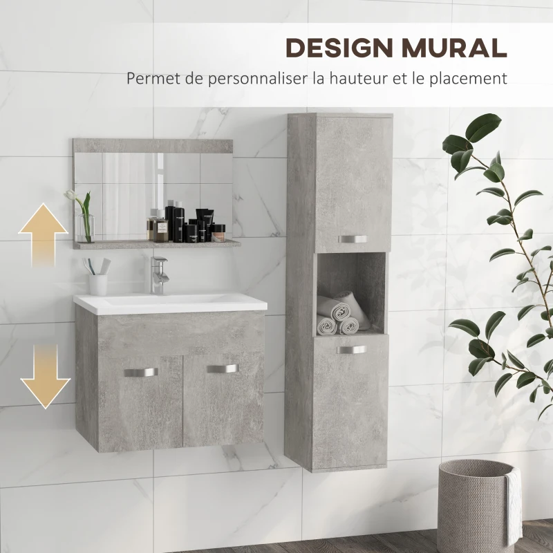 kleankin Ensemble de meubles de salle de bain 3 pièces miroir étagère + meuble vasque + meuble colonne suspendus, gris