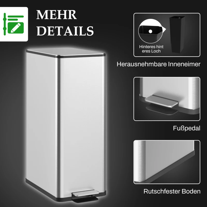 HOMCOM Mülleimer 20L, Soft-Close-Deckel, Deodorant-Fach, Fingerabdrucksicher, Edelstahl, Silber(m-7)