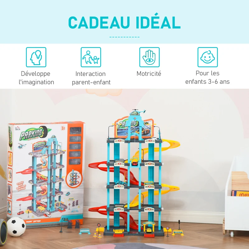 HOMCOM Garage Parking Voitures Enfant - 5 Niveaux, 4 Voitures, 1 hélicoptère - Ascenseur Manuel, Station-Service, Pont élévateur - PP ABS Bleu Rouge Jaune