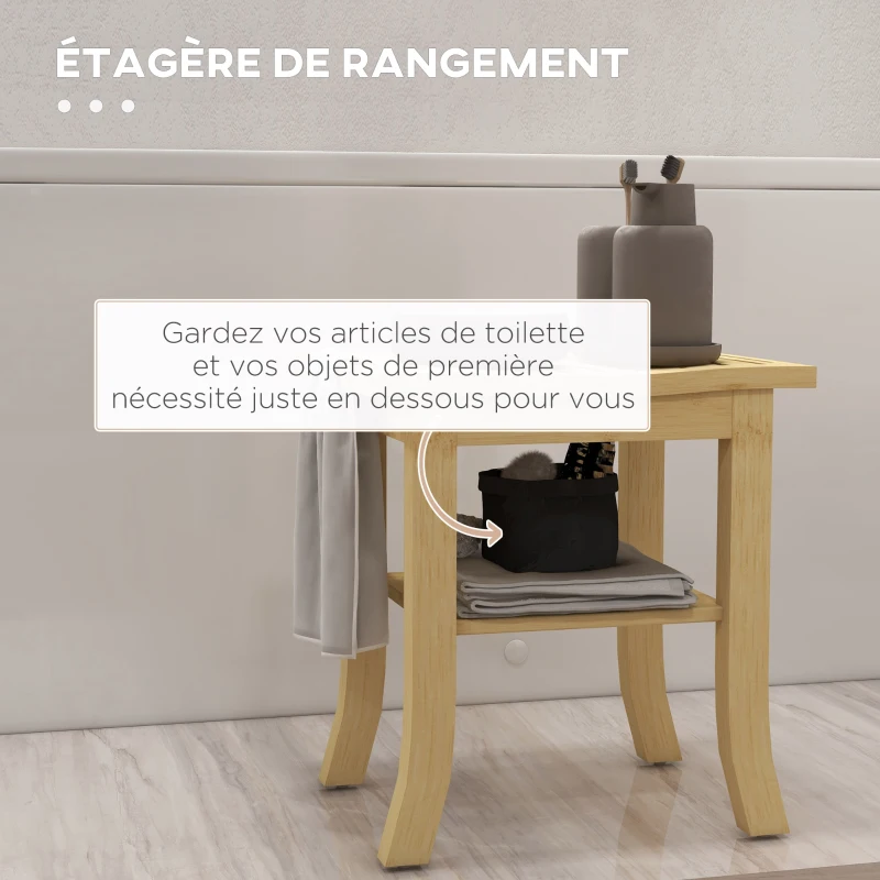 HOMCOM Tabouret banc de douche en bambou avec étagère de rangement, porte-serviettes dim. 42L x 29l x 43H cm, naturel