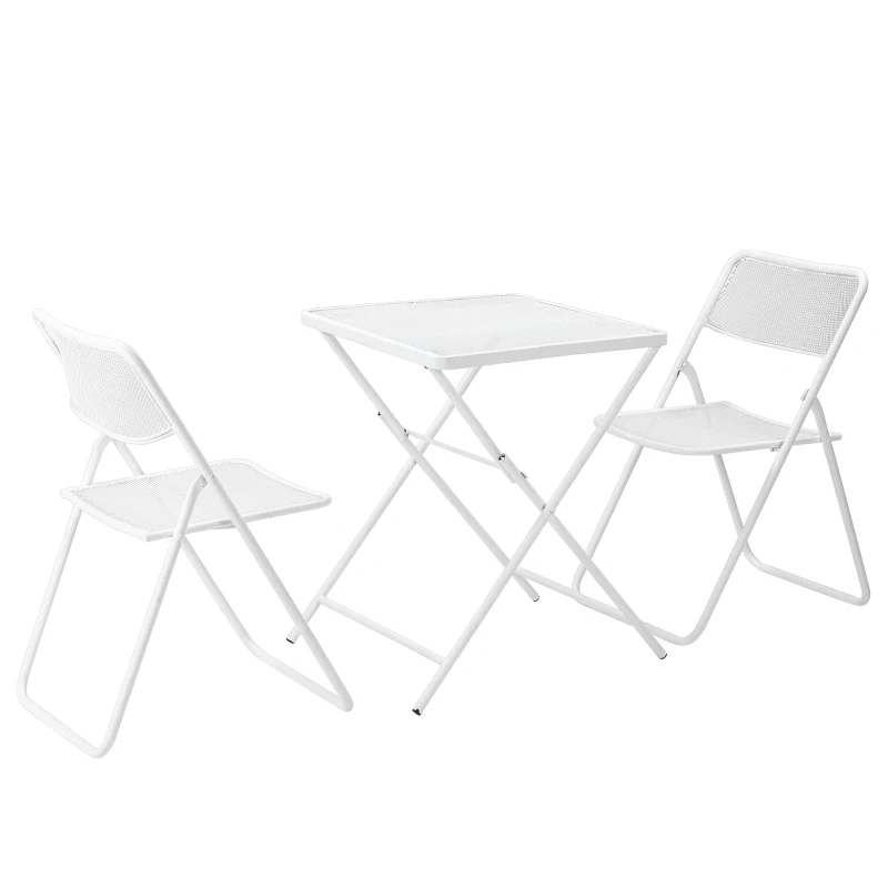 Outsunny Garten Bistro-Set für 2 Personen Gartenset Garnitur 1 Tisch+2 faltbare Stühle für Terrasse Balkon Metall Weiß