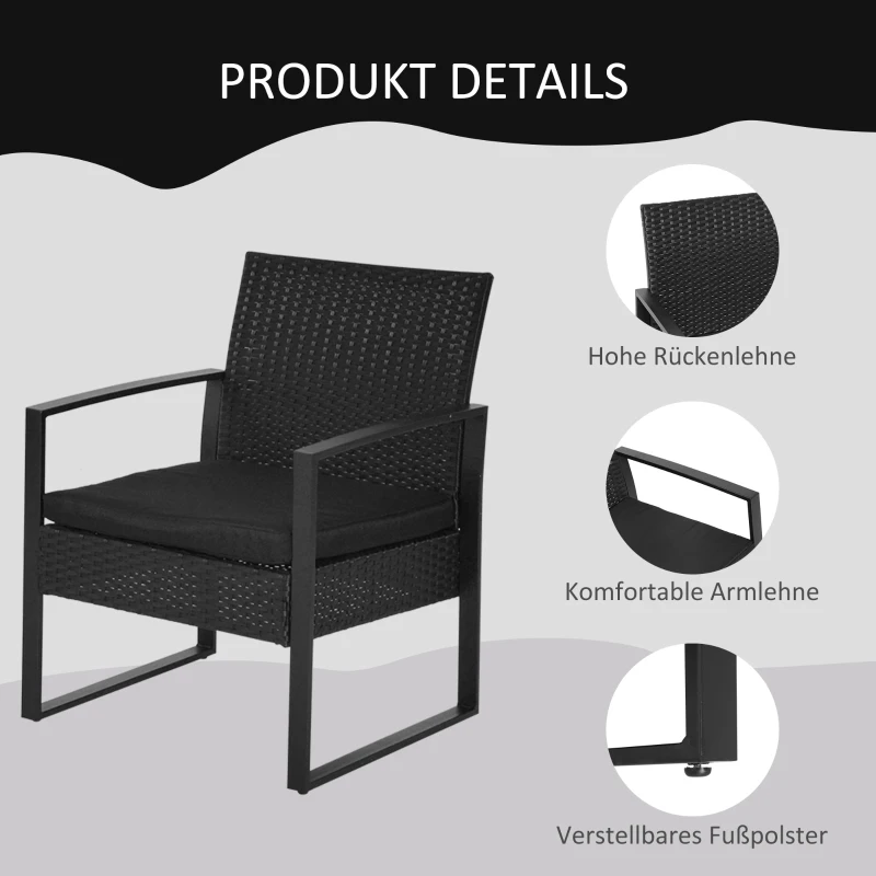 Outsunny Polyrattan Gartenset für 2 Personen Balkonmöbel Set mit Kissen Schwarz