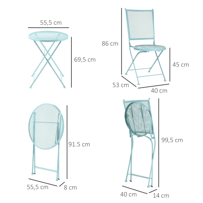 Outsunny Garten Sitzgruppe für 2 Personen Bistro-Set Garnitur 1 Tisch+2 faltbare Stühle für Terrasse Balkon Metall Blau