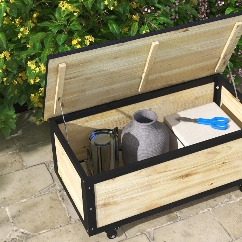Outsunny Garten-Aufbewahrungsbox, 121 Liter, 2 Räder, wetterfest, Metallscharniere, Naturholz, 100x50x43 cm(m-7)