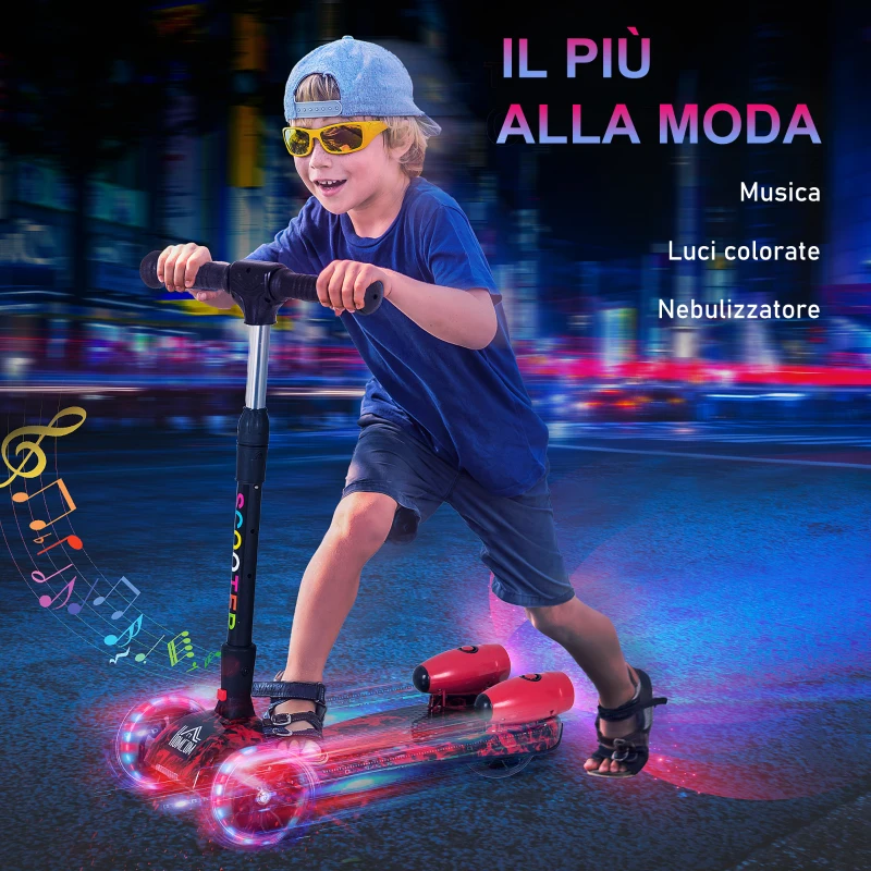 HOMCOM Monopattino a 3 Ruote per Bambini Piccoli 3-6 Anni, Pieghevole, Regolabile con Musica, Ruote Luminose e Razzi, Rosso