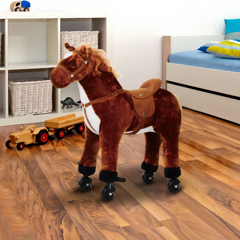 HOMCOM Caballo de Juguete para Niños de +2 Años con Ruedas Sonidos y Estructura de Metal Carga 60kg 65x28x75 cm Marrón