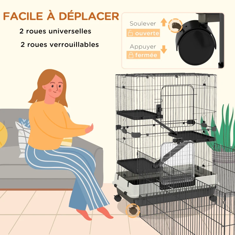 PawHut Cage pour petits animaux roulante 3 plates-formes démontables 3 rampes plateau inférieur amovible métal PP noir
