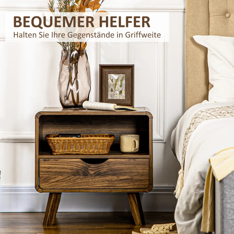 HOMCOM Nachttisch im Retrodesign, 1 Schublade, 1 Aufbewahrungsfach 50 cm x 40 cm x 50 cm Nussbraun