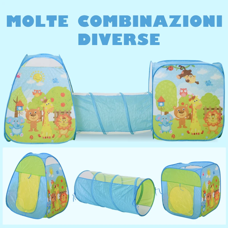 HOMCOM Tenda Gioco Colorata per Bambini 3 in 1 con Tunnel, con Sistema Pieghevole Pop-up (230cm x 74cm x 93cm)