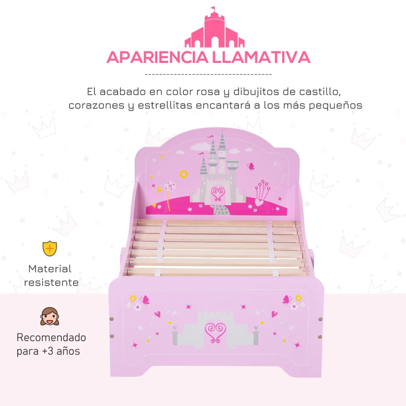 HOMCOM Cama Infantil para +3 Años Cama para Niños de Madera con Barreras de Protección Carga Máx. 50 kg 143x73x60 cm Rosa