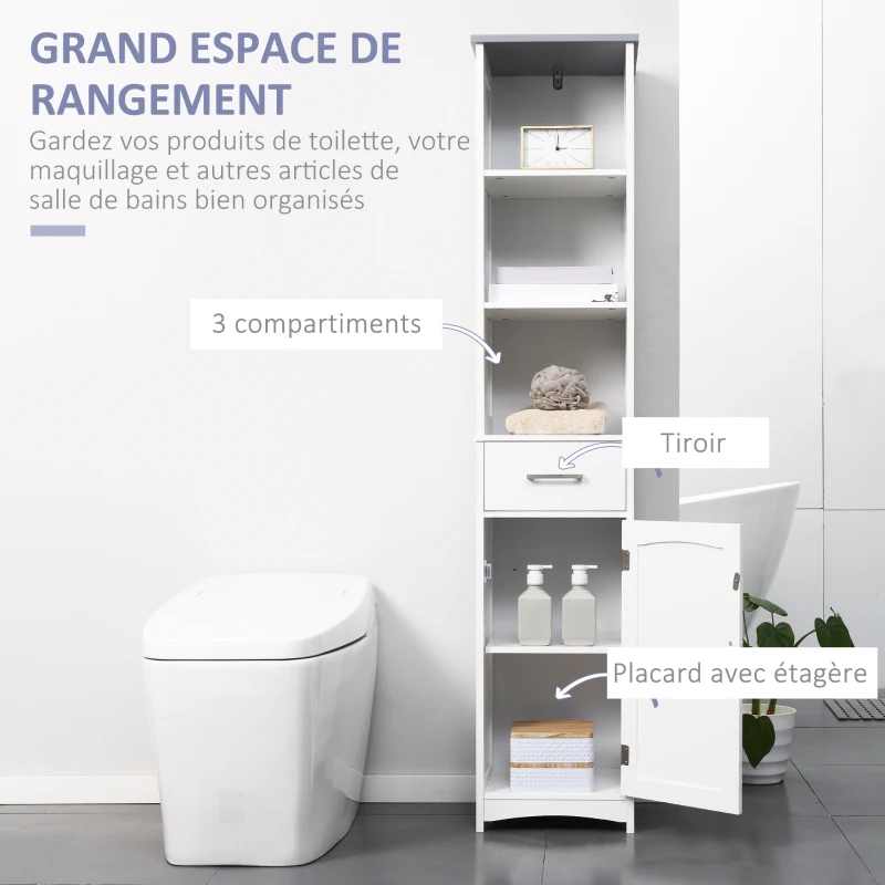 kleankin Meuble colonne de salle de bain avec placard 3 compartiments et tiroir - dim. 34L x 30P x 163H cm - MDF Blanc