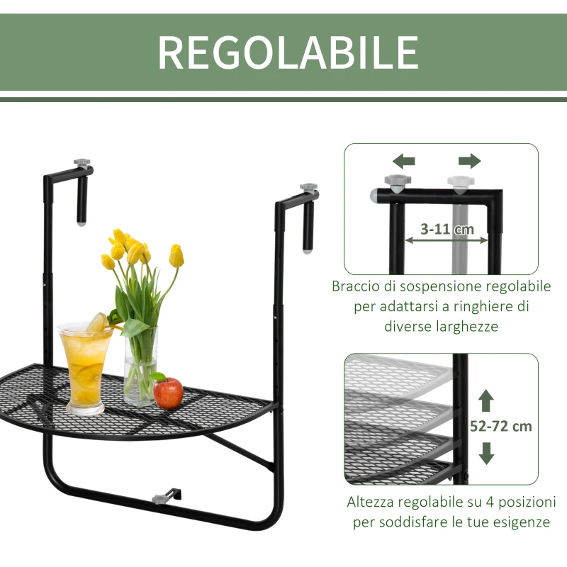 Outsunny Tavolo da Ringhiera Pieghevole e Regolabile in Metallo, 60x60x57-72cm, Nero