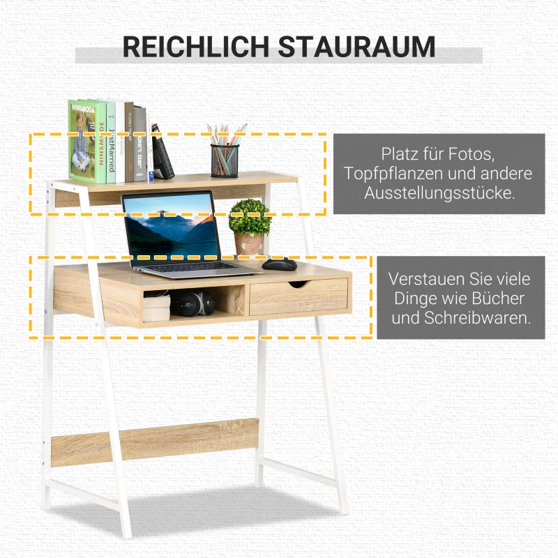 HOMCOM Schreibtisch Bücherregal Computertisch Bürotisch mit Schublade und Regal großer Stauraum E1-Spanplatte Metallrahmen Natur 80 x 50 x 100 cm
