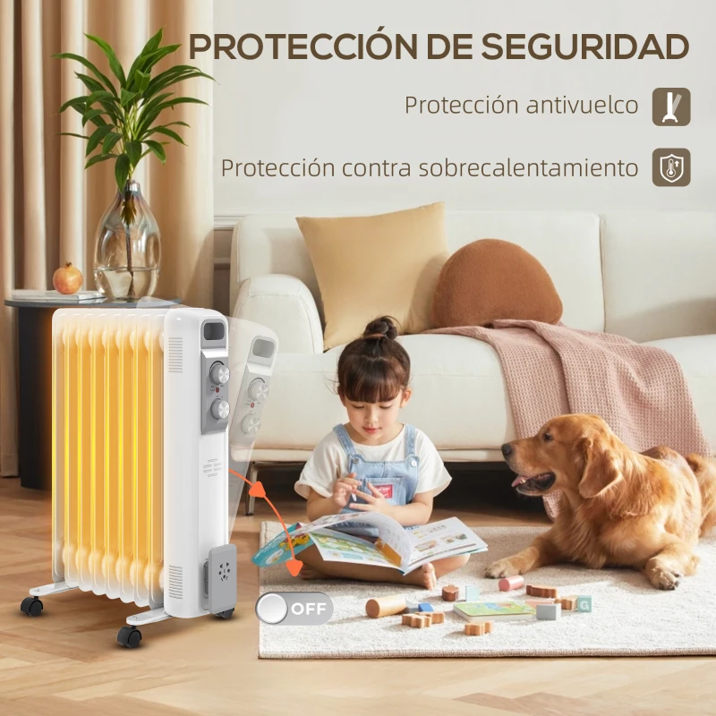 HOMCOM Radiador de Aceite Silencioso de 9 Elementos 2000W con Temperatura Ajustable Protección contra Sobrecalentamiento Blanco