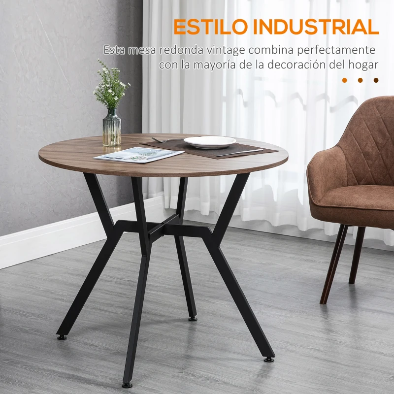 HOMCOM Mesa de Comedor Redonda de Estilo Industrial con Encimera de Madera y Marco de Acero Ø90x76 cm Marrón