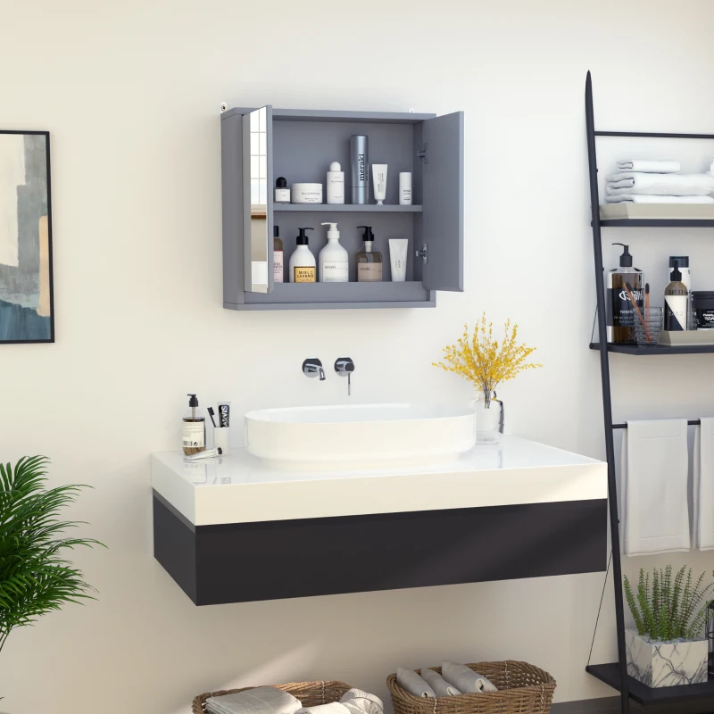 HOMCOM Armario de Baño con Espejo con 2 Puertas y Estante Ajustable Mueble Colgante de Baño para Aseo Estilo Moderno 48x14,5x45 cm Gris