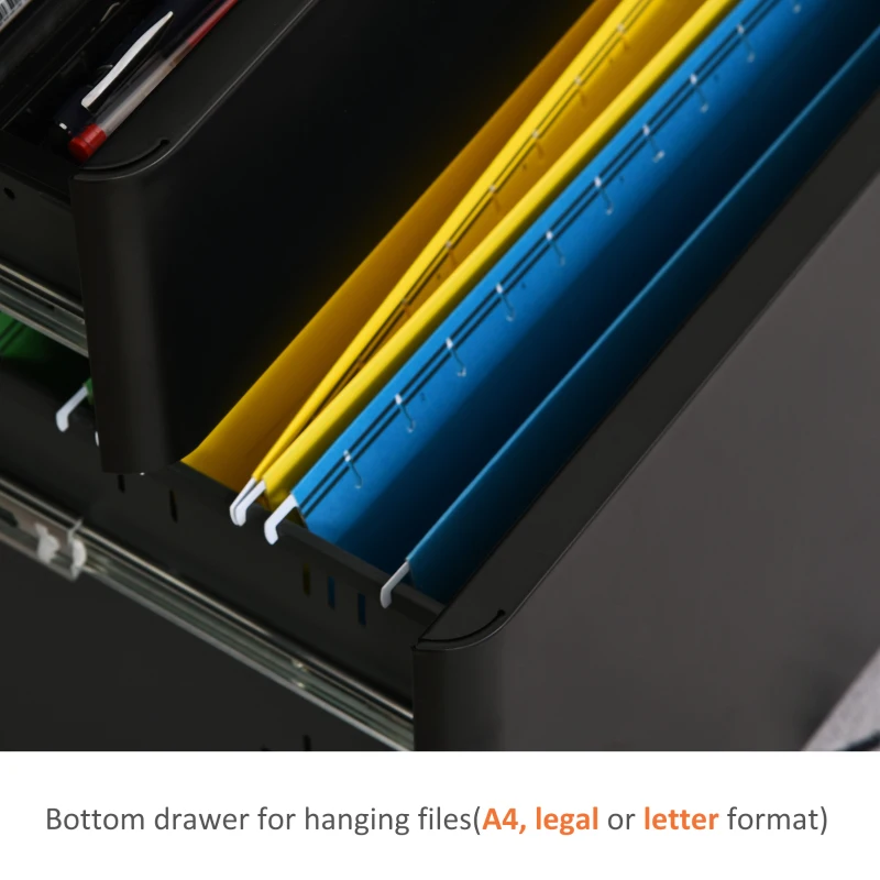 Vinsetto Lockable Cabinet, Rolling Filing Cabinet with 3 Drawers, Steel Office Drawer Unit for A4, Letter, Legal Sized Files